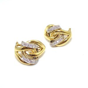 18K Yellow Gold White Gold Heavy Diamond Swirl French Clip Earrings